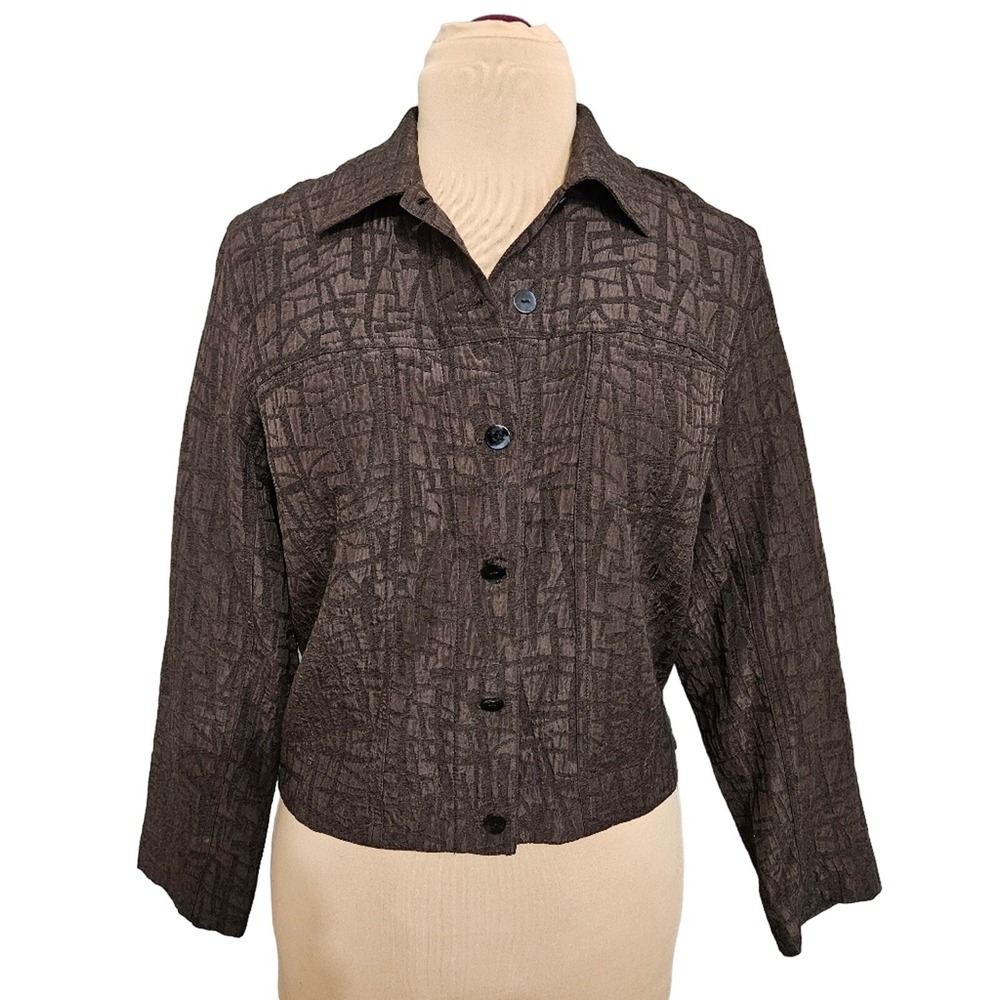 Chico's Jacket Silk Wool Blend Button Front Brown Shacket Textured Blouse‎ Small